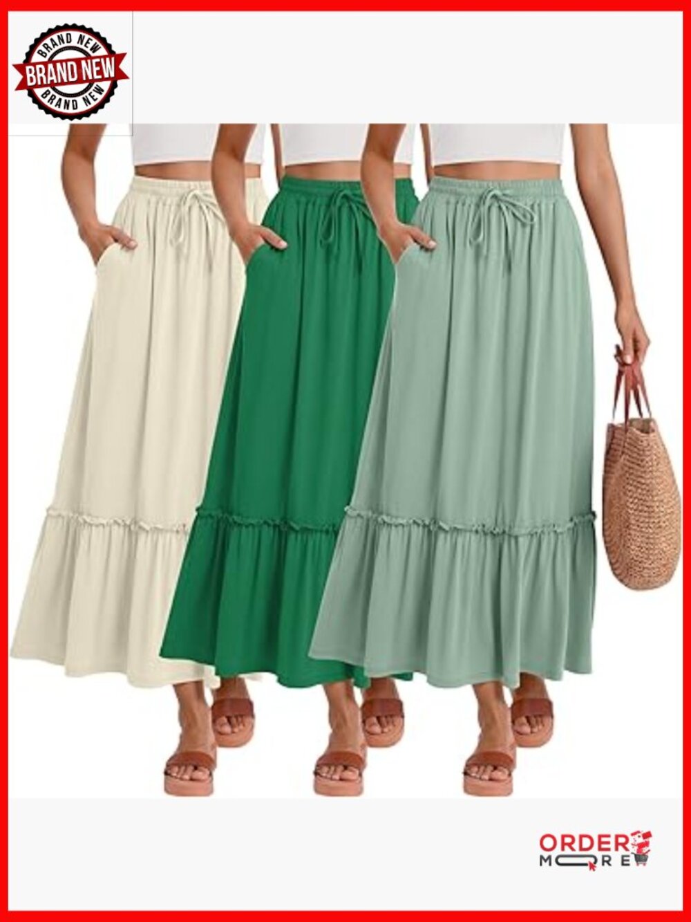 3-Pack Boho Flowy Maxi Skirts with Pockets High Waist Tiered Ruffle